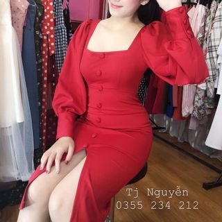 Đầm body nút bọc tay phồng
