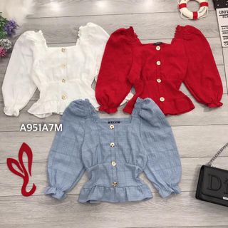 Áo peplum cổ vuông nút đồng