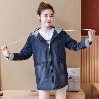 Áo Khoác Jean Oversize Có Nón và Dây Kéo Bên Hông Phong Cách