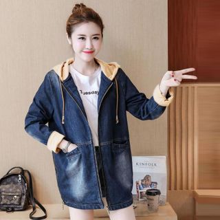 Áo Khoác Jean Oversize Có Nón và Dây Kéo Bên Hông Phong Cách