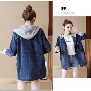 Áo Khoác Jean Form Dài Rộng Có Nón Dây Kéo Bên Hông Phong Cách