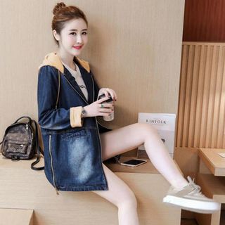 Áo Khoác Jean Form Dài Rộng Có Nón Dây Kéo Bên Hông Phong Cách