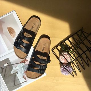 Dép đế trấu nữ 3 khóa ngang màu đen