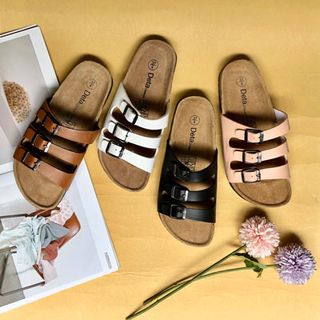 Dép đế trấu nữ 3 khóa ngang màu đen