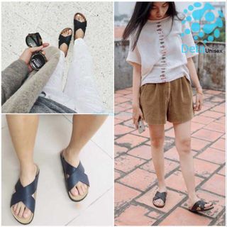 Dép đế trấu quai chéo nữ màu đen
