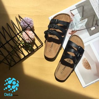 Dép đế trấu nam 3 khóa ngang màu đen