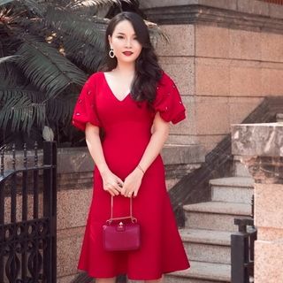 ĐẦM XÒE CỔ TIM TAY NGẮN DÚN MS 2420