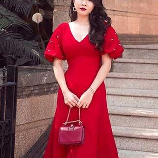 ĐẦM XÒE CỔ TIM TAY NGẮN DÚN MS 2420
