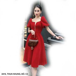 ĐẦM XÒE CỔ VUÔNG TAY NGẮN DÚN MS 2416