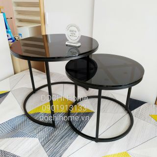 Bàn sofa tròn đôi DOCHI Home mặt kính cường lực Đen