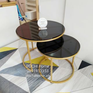 Bàn sofa tròn đôi DOCHI Home mặt kính cường lực Đen