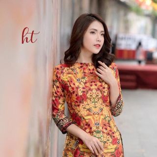 ÁO DÀI LỤA Ý HOA CAM