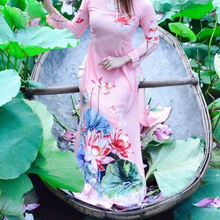 ÁO DÀI TẰM IN HOA SEN HỒNG
