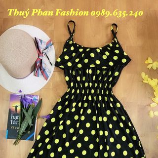 Đầm hai dây chấm bi xanh siêu rẻ