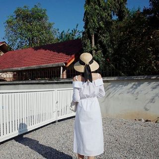 Mũ cói nơ dài mũ chuông sợi tự nhiên