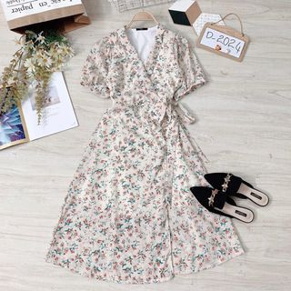 Đầm hoa đắp ngực form dài qua gối, xẻ đùi