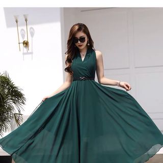 ĐẦM MAXI XANH CỔ V KÈM NỊT - DT1215
