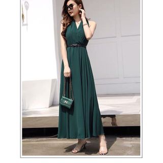 ĐẦM MAXI XANH CỔ V KÈM NỊT - DT1215