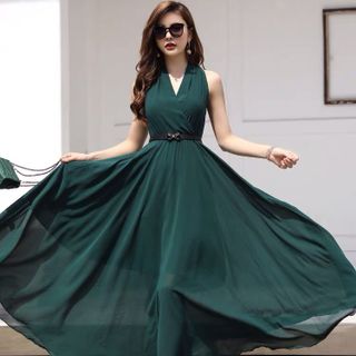 ĐẦM MAXI XANH CỔ V KÈM NỊT - DT1215