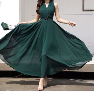 ĐẦM MAXI XANH CỔ V KÈM NỊT - DT1215