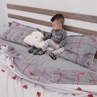 Bộ chăn ga Cotton Poly Tim kẻ