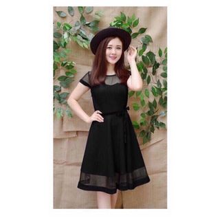 Đầm Xòe Phối Lưới Eo Thắt Dây