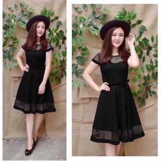 Đầm Xòe Phối Lưới Eo Thắt Dây