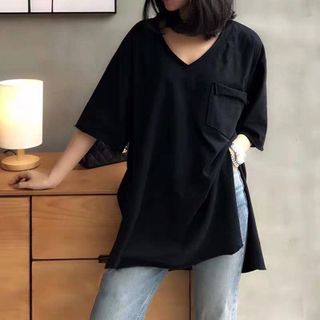 Áo phông cộc tay cổ tim XẺ TÀ có túi form rộng