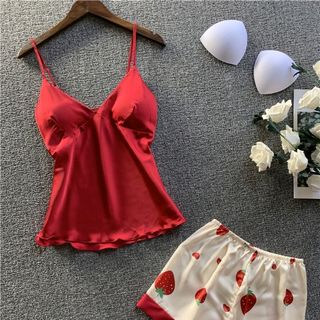 đồ ngủ đồ mặc nhà pijama đùi trái dâu áo trơn chất lụa quảng châu siêu mịn giá sỉ