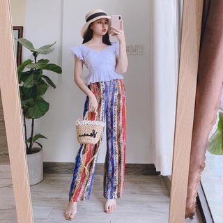 set áo nơ + quần lụa hoạ tiết