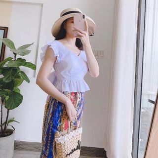 set áo nơ + quần lụa hoạ tiết