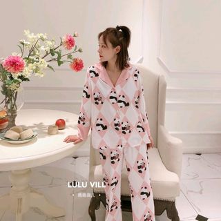 Đồ ngủ đồ mặc nhà pijama tdqd gấu trúc chất lụa in 3D hàng quảng châu cao cấp