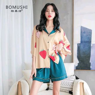 Đồ ngủ đồ mặc nhà pijama đùi phối Trái Dâu chất lụa hàng quảng châu siêu đẹp giá sỉ