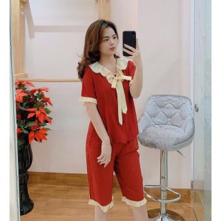 bộ đồ mặc nhà, bộ khuy cúc cổ bèo nơ cao cấp