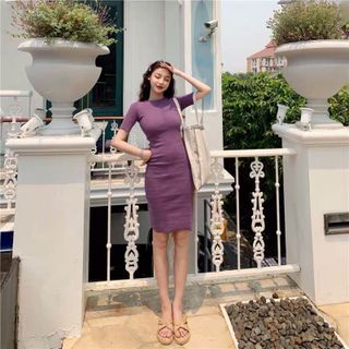 Váy body thun gân tay ngắn cổ tròn