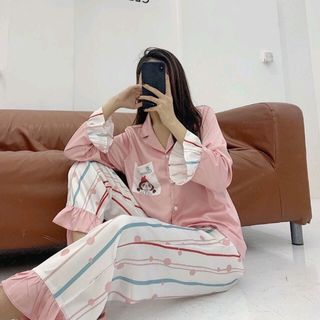 Đồ ngủ đồ bộ mặc nhà pijama tdqd phối nhúng chất lụa in 3D hàng quảng châu siêu cao cấp giá sỉ