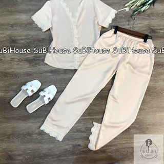 Đồ Bộ Lụa Satin Quần Dài Viền Ren