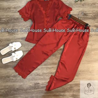 Đồ Bộ Lụa Satin Quần Dài Viền Ren