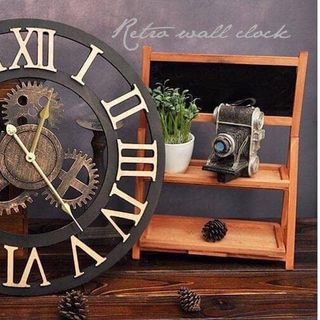 Đồng Hồ Gỗ Treo Tường Phong Cách Vintage Có Bánh răng Cưa Kiểu Châu Âu Sang Trọng