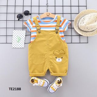 Bộ quần yếm gấu +áo thun kẻ ngang màu vàng