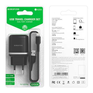 Bộ Cóc Cáp Sạc BA25A Borofone Cổng Lightning - 2 Cổng USB