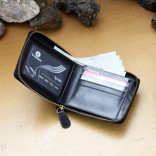 Bóp ví da nam AT Leather khóa kéo siêu bền màu đen - bóp da bò thật