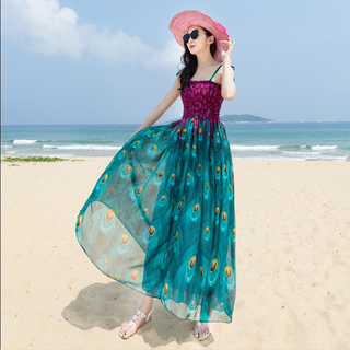 ĐẦM MAXI HỌA TIẾT CHIM CÔNG 01360S