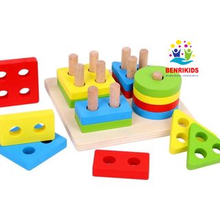 Đồ Chơi Bảng Chuỗi Thả Hình Bằng Gỗ Giúp Bé Học Phân Biệt Màu Sắc Hình Khối