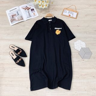 Đầm thun P O L O hoa cúc nút viền bèo
