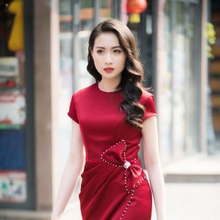 ĐẦM CỔ THUYỀN TAY NGẮN EO ĐÍNH NƠ ĐINH NGỌC TRAI