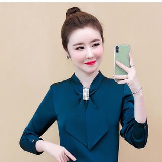 Áo Sơ Mi Phi Lụa Thanh Lịch Nơ Đính Kim Sa