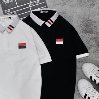 Áo thun cổ bẻ phối sọc đen đỏ