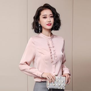Áo Sơ Mi Công Sở Phi Lụa Nút Bọc Thanh Lịch