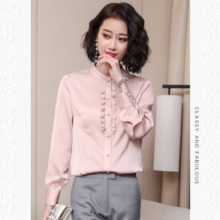 Áo Sơ Mi Công Sở Phi Lụa Nút Bọc Thanh Lịch